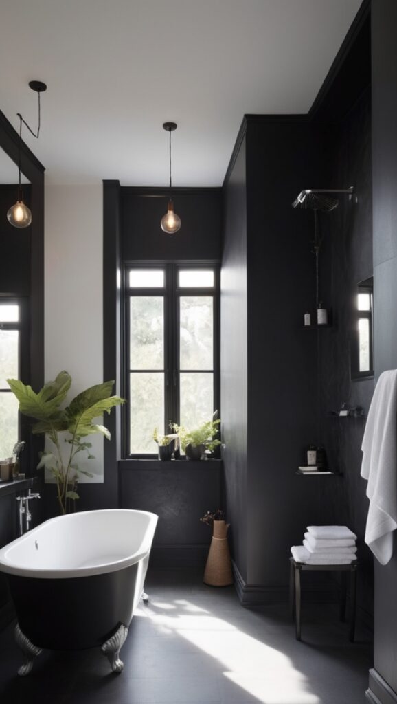 black modern bathroom, elegant black bathroom, sleek black bathroom, luxurious black bathroom, minimalist black bathroom