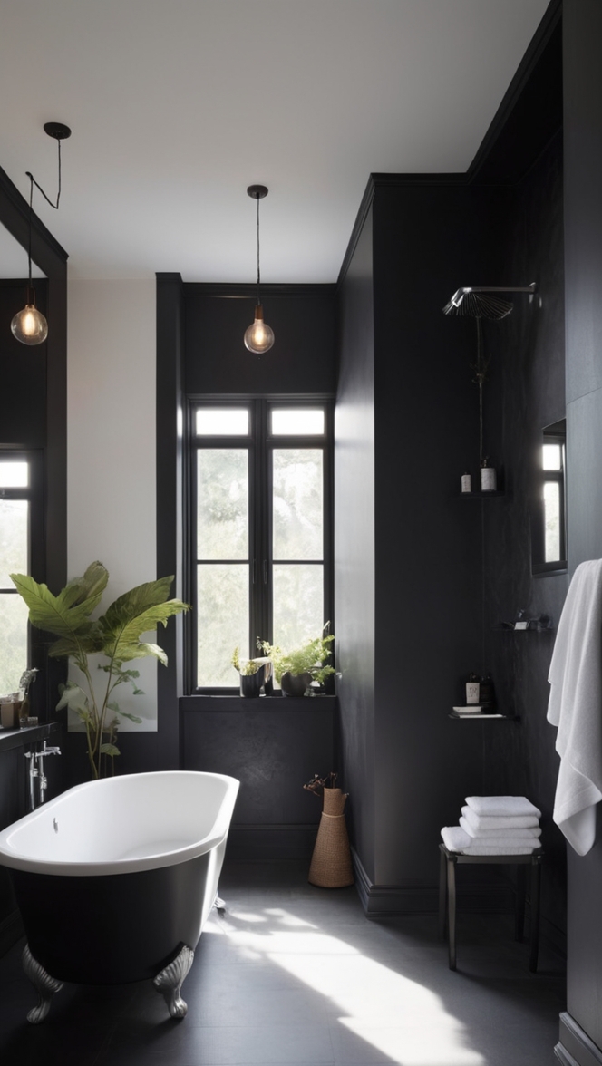 black modern bathroom, elegant black bathroom, sleek black bathroom, luxurious black bathroom, minimalist black bathroom 