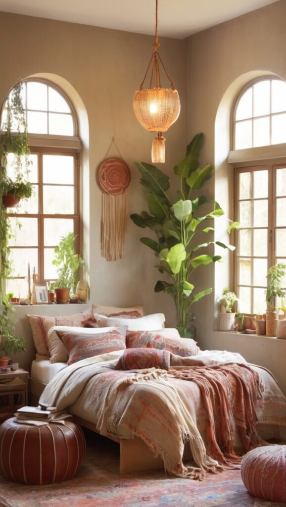 bohemian bedroom decor, natural bedding, earthy home design, rustic furniture, cozy textiles