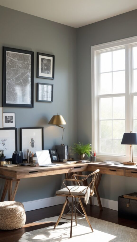 home office design, masculine decor, modern workspace, office organization, minimalist office