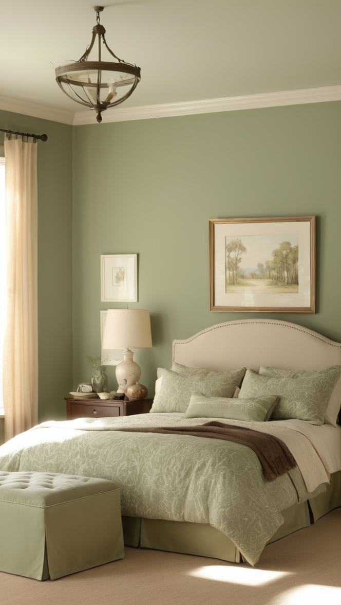 sage green curtains, sage green decor, cream bedroom furniture, cream and green bedding, sage green walls