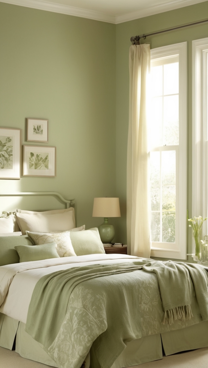 sage green curtains, sage green decor, cream bedroom furniture, cream and green bedding, sage green walls 