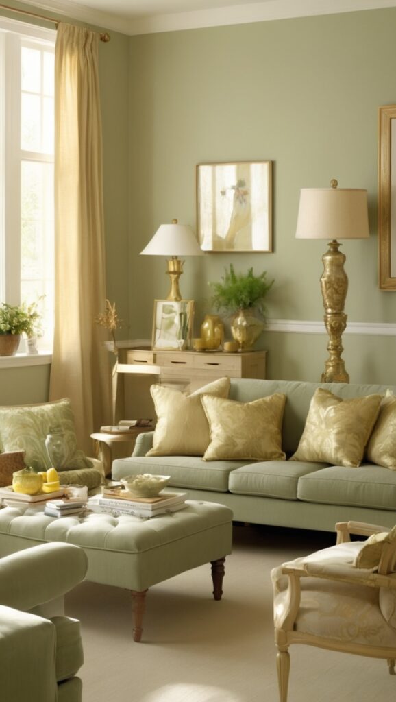 sage green sofa, gold accent decor, luxury living room, elegant home accessories, high-end interior design