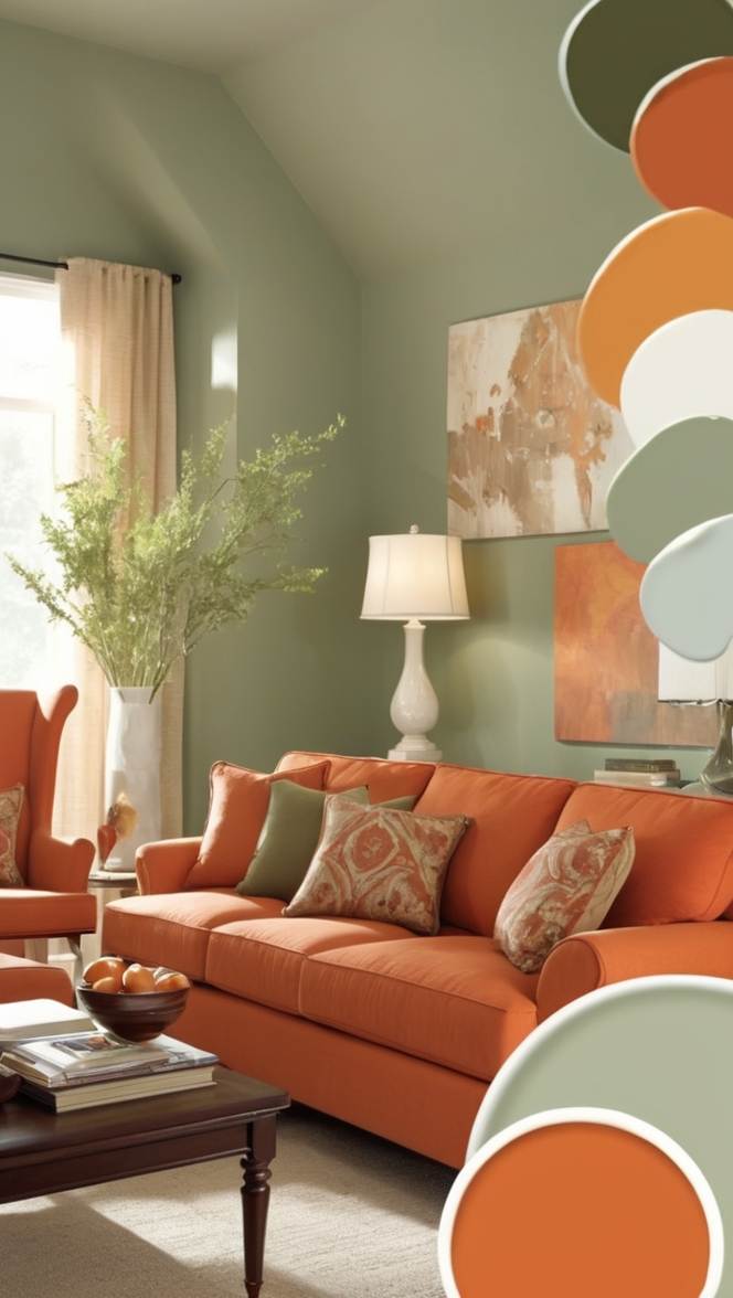 sage green living room decor, burnt orange sofa, modern sage green decor, contemporary burnt orange, elegant sage green walls