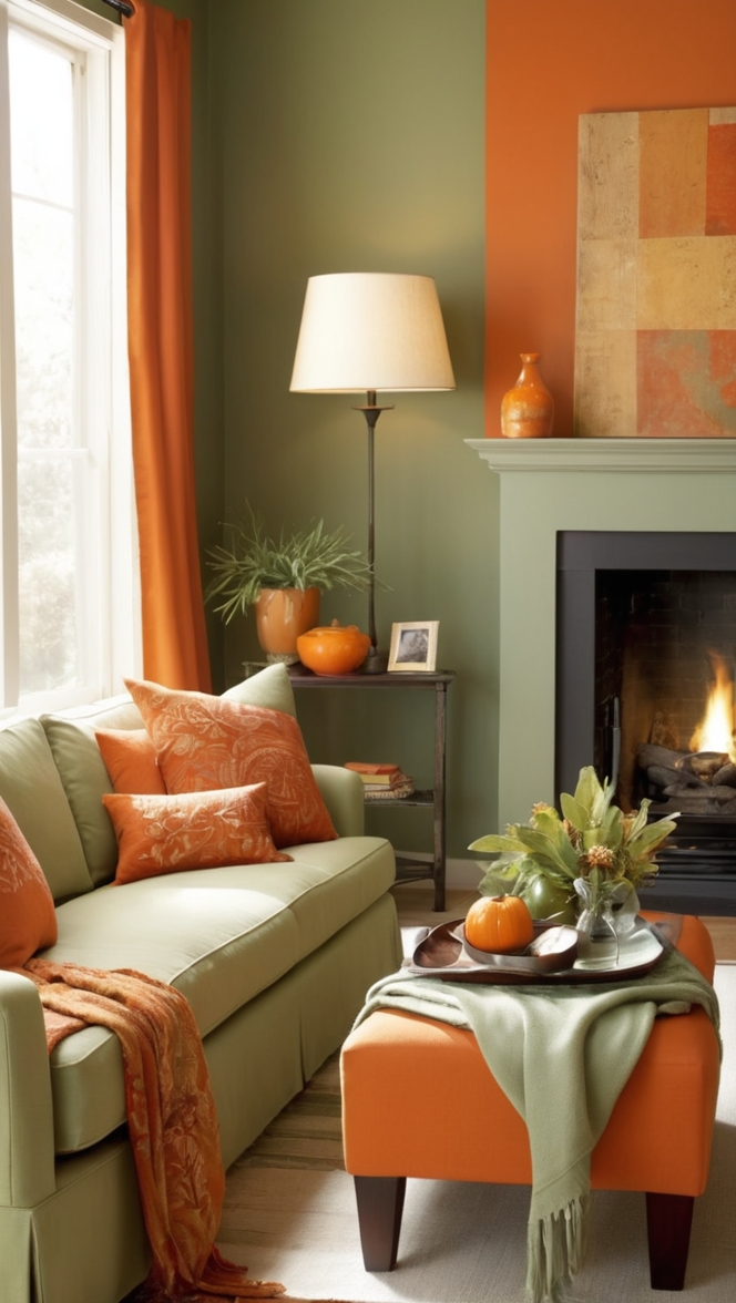 sage green living room decor, burnt orange sofa, modern sage green decor, contemporary burnt orange, elegant sage green walls 