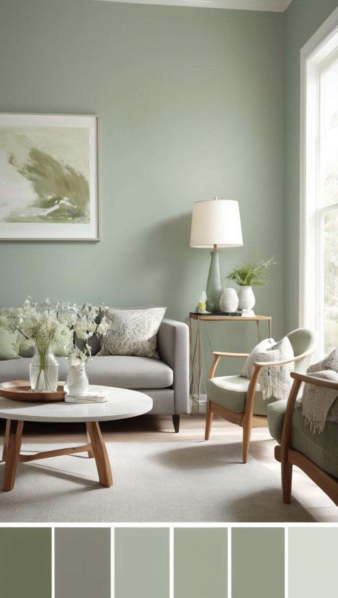 sage green living room decor, grey living room furniture, sage green wall paint, grey couch living room, green and grey living room ideas