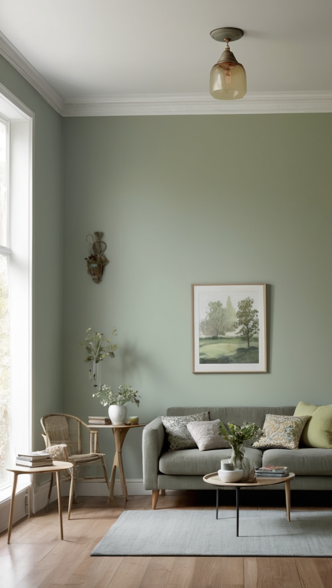 sage green living room decor, grey living room furniture, sage green wall paint, grey couch living room, green and grey living room ideas 