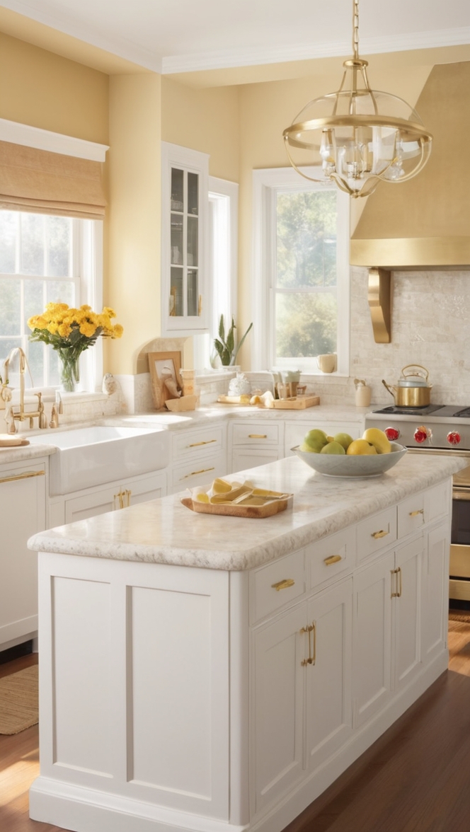 white kitchen cabinets, gold kitchen hardware, modern kitchen design, luxury kitchen remodel, elegant kitchen countertops