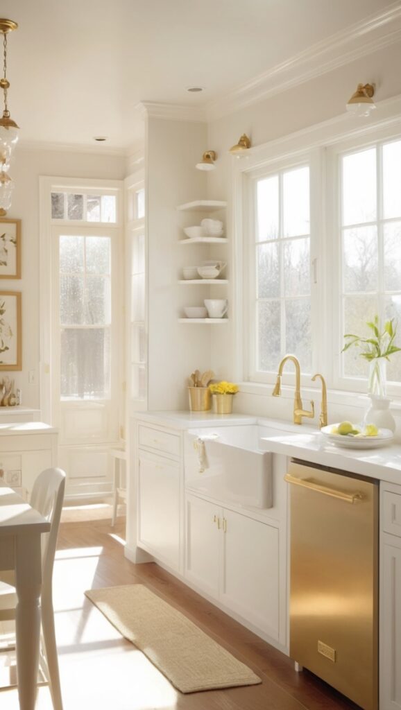 white kitchen cabinets, gold kitchen hardware, modern kitchen design, luxury kitchen remodel, elegant kitchen countertops