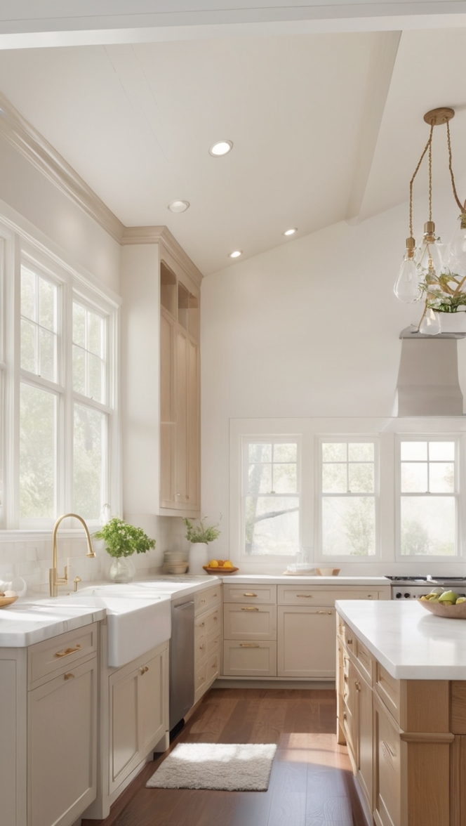 White oak cabinets, White shaker cabinets, White kitchen island, White kitchen countertops, White kitchen backsplash