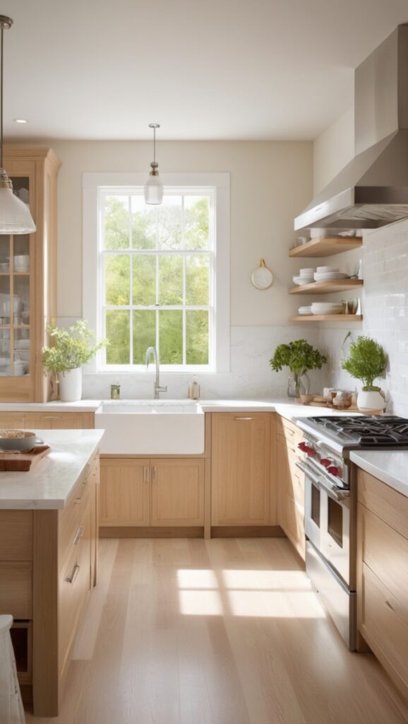 White oak cabinets, White shaker cabinets, White kitchen island, White kitchen countertops, White kitchen backsplash