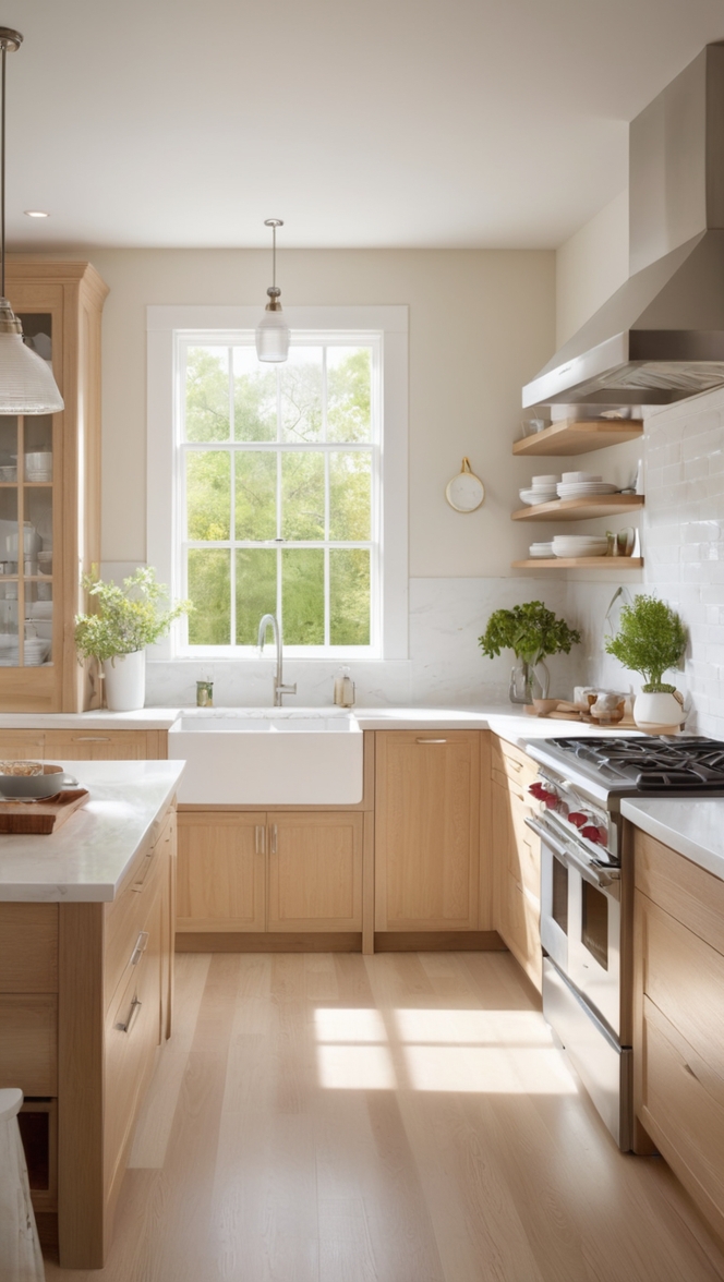 White oak cabinets, White shaker cabinets, White kitchen island, White kitchen countertops, White kitchen backsplash 