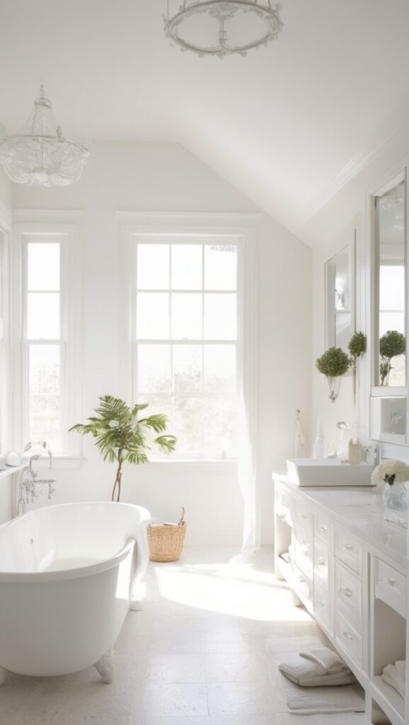 white tile bathroom, modern white bathroom, white marble bathroom, all white master bathroom, minimalist white bathroom