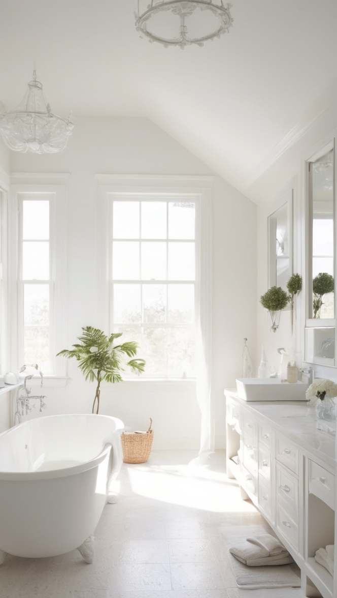 white tile bathroom, modern white bathroom, white marble bathroom, all white master bathroom, minimalist white bathroom