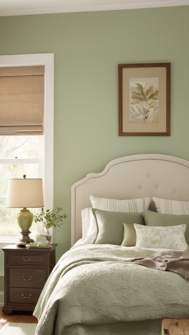 beige bedroom decor, sage green bedding, neutral tone bedroom ideas, earthy color palette, soft green walls