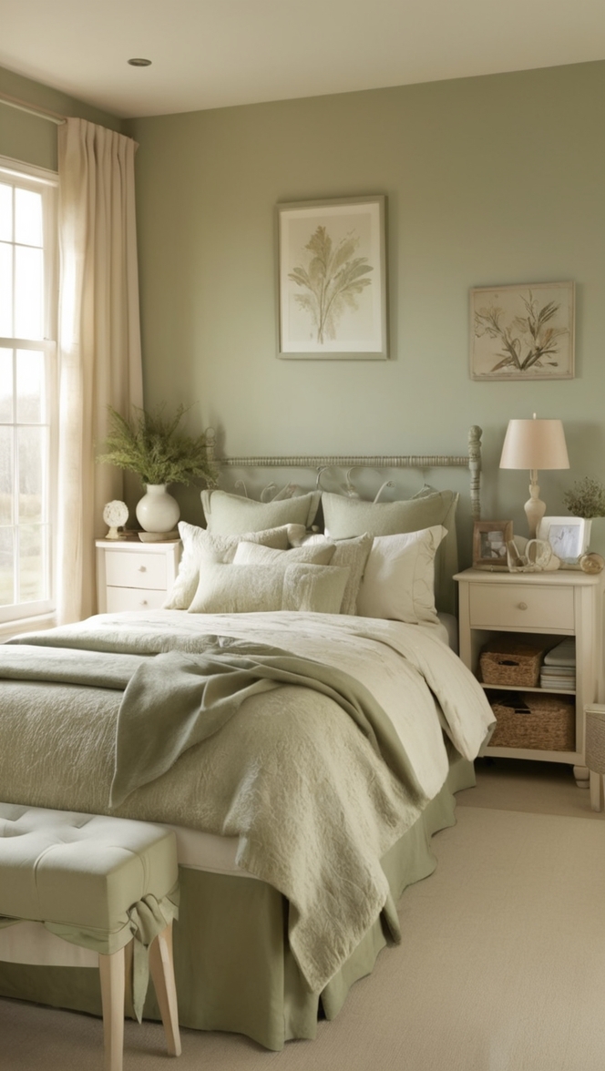 beige bedroom decor, sage green bedding, neutral tone bedroom ideas, earthy color palette, soft green walls 