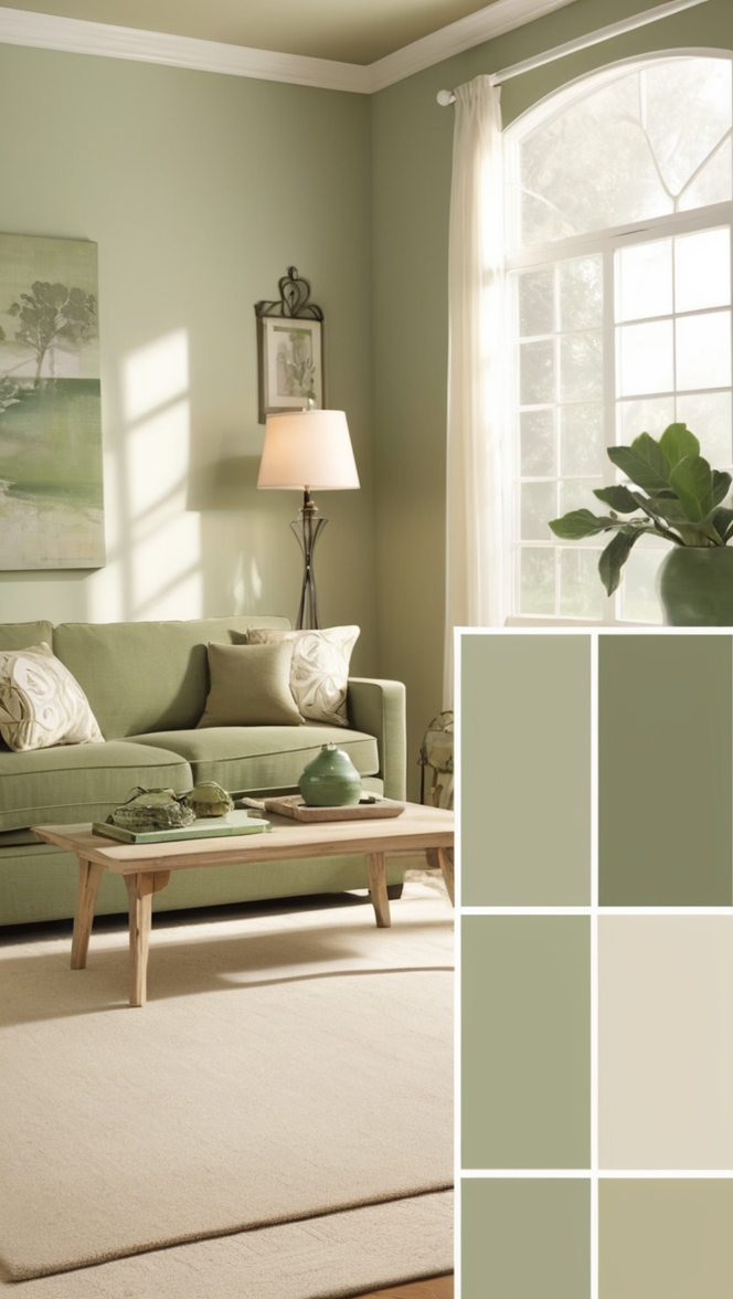 beige living room decor, sage green walls, neutral color palette, modern minimalist design, contemporary home styling