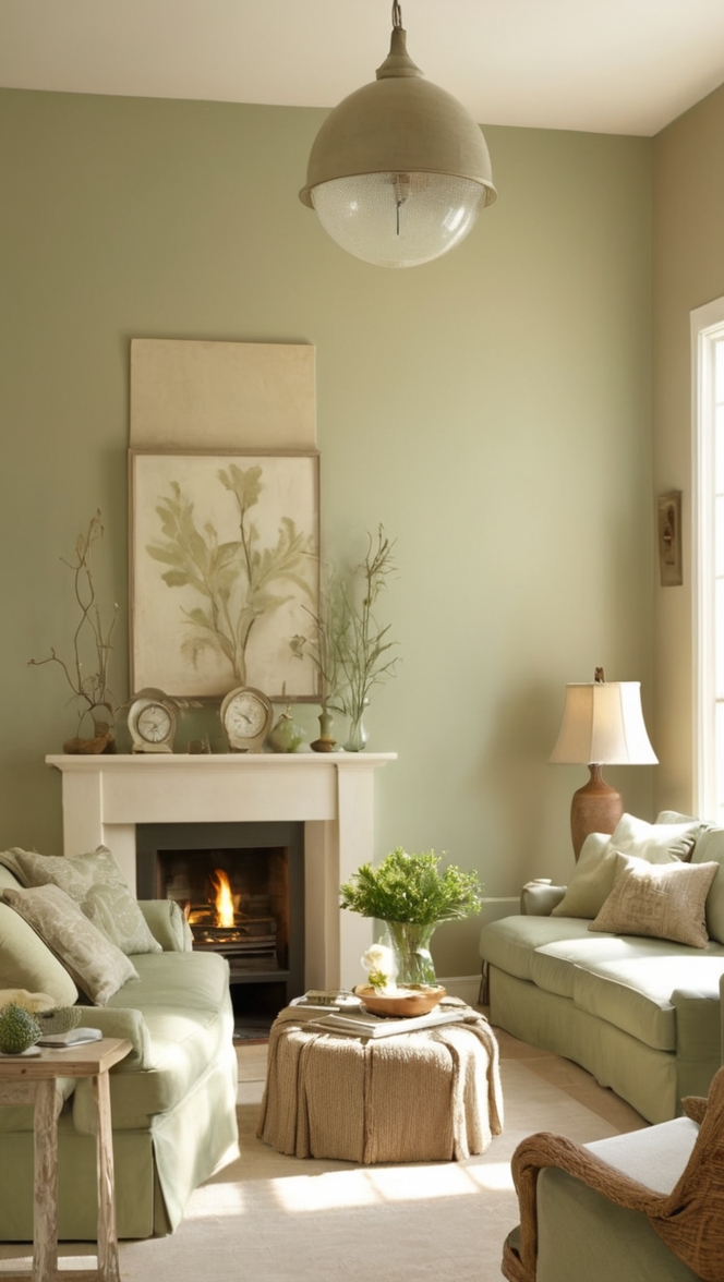 beige living room decor, sage green walls, neutral color palette, modern minimalist design, contemporary home styling