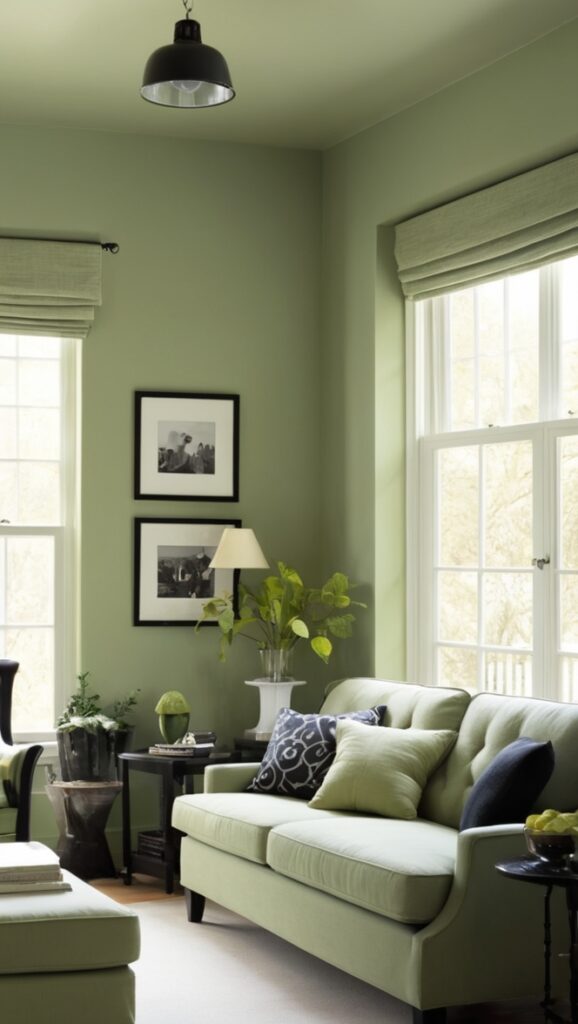 black living room decor, sage green home decor, black and green interior design, dark green living room ideas, elegant black and sage green room