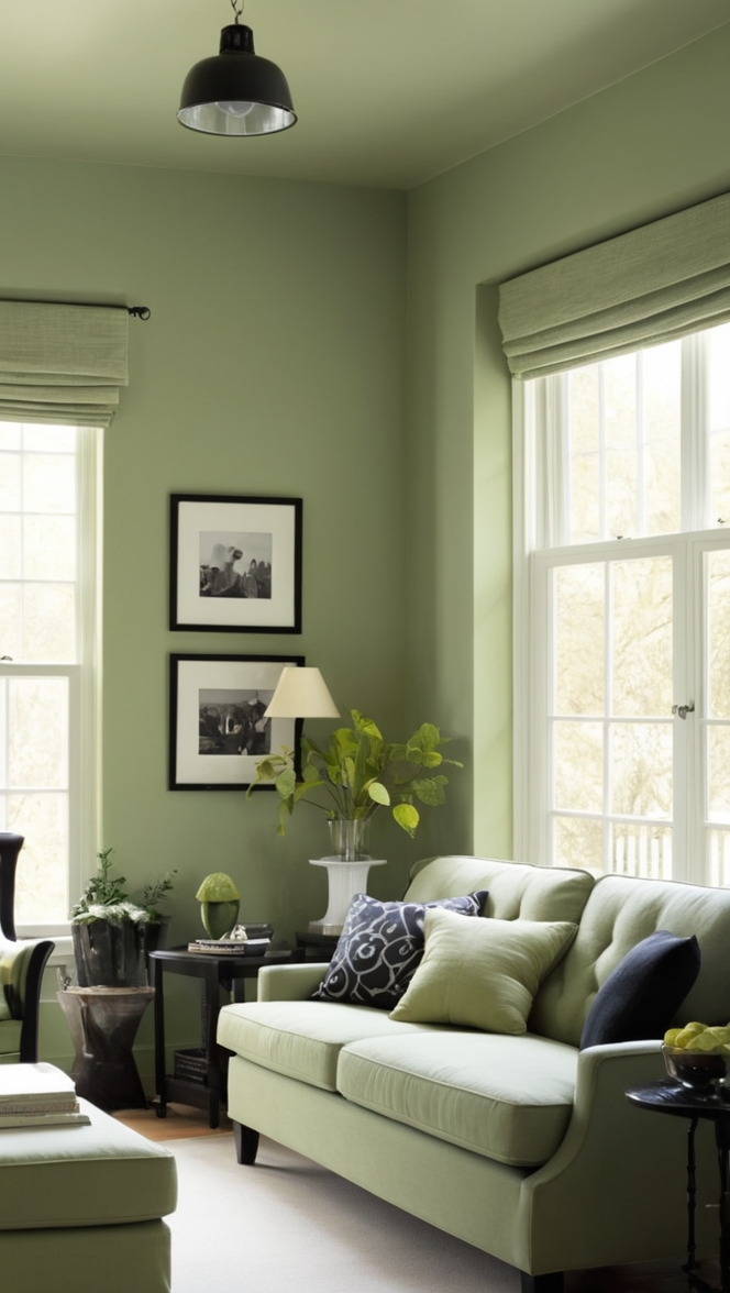 black living room decor,  sage green home decor, black and green interior design, dark green living room ideas, elegant black and sage green room 