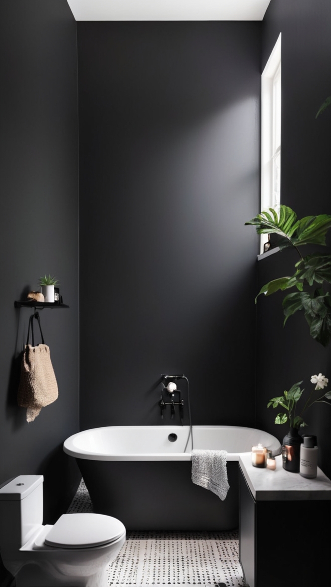 black bathroom design, modern black bathroom, black bathroom accessories, stylish black bathroom, elegant black bathroom 
