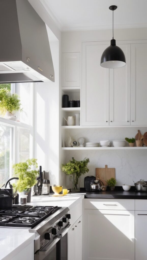 black and white kitchen design, monochrome kitchen ideas, modern black and white kitchen, sleek black and white kitchen, stylish black and white kitchen