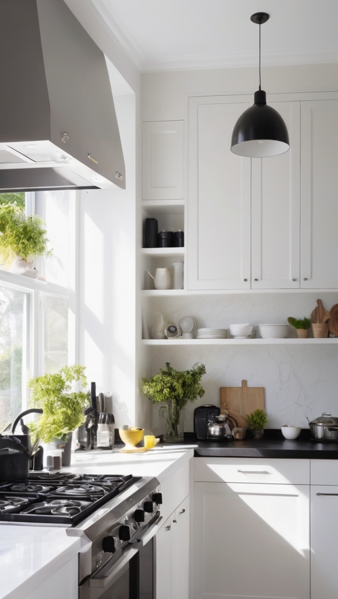 black and white kitchen design, monochrome kitchen ideas, modern black and white kitchen, sleek black and white kitchen, stylish black and white kitchen 