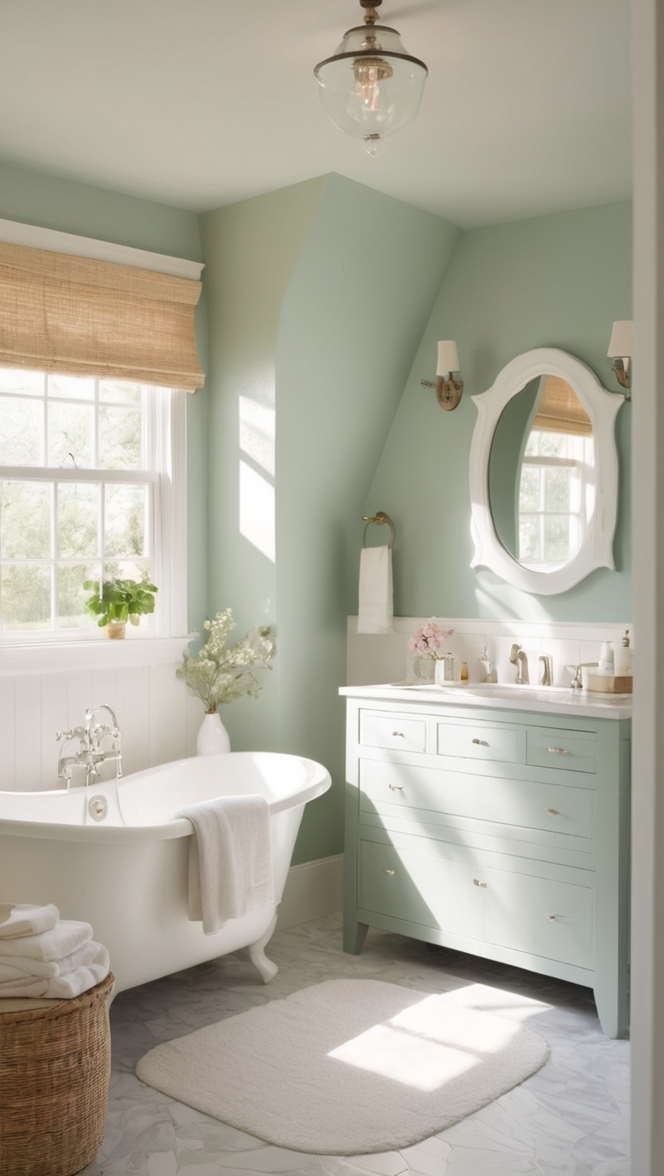 cottagecore decor, vintage bathtub, floral wallpaper, rustic mirror, clawfoot tub