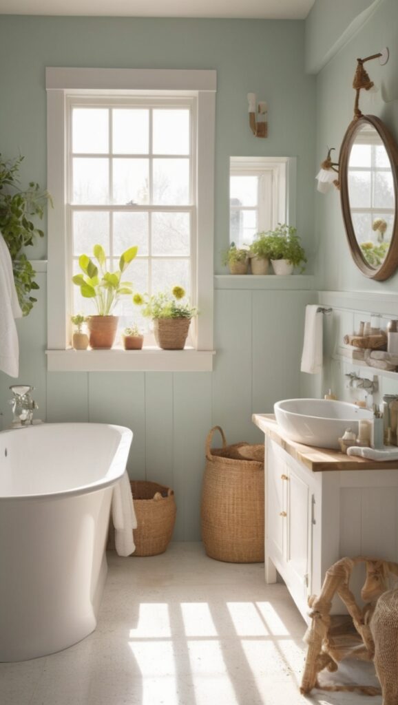 cottagecore decor, vintage bathtub, floral wallpaper, rustic mirror, clawfoot tub