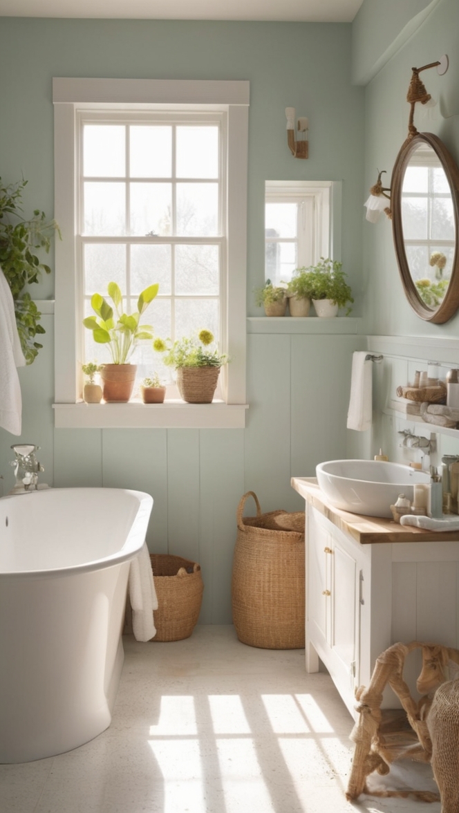 cottagecore decor, vintage bathtub, floral wallpaper, rustic mirror, clawfoot tub