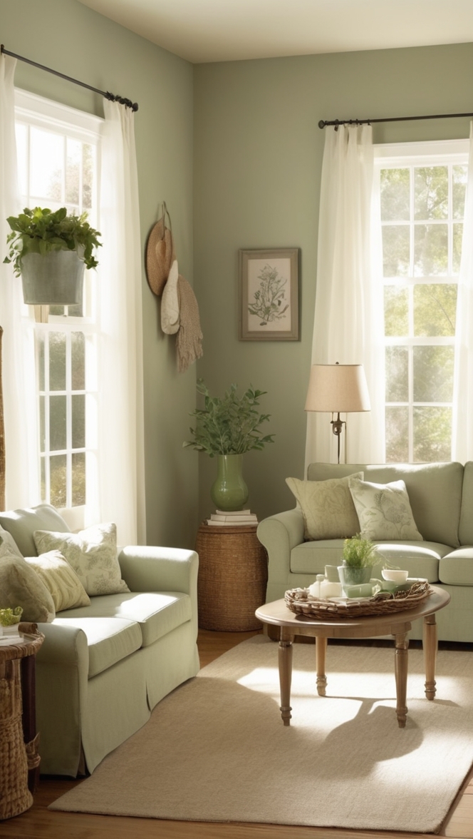 sage green decor, green living room ideas, cozy living room paint, sage green furniture, stylish living room design