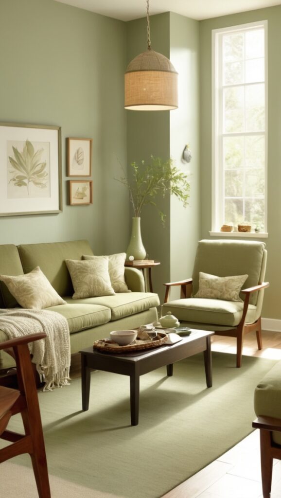 sage green decor, green living room ideas, cozy living room paint, sage green furniture, stylish living room design