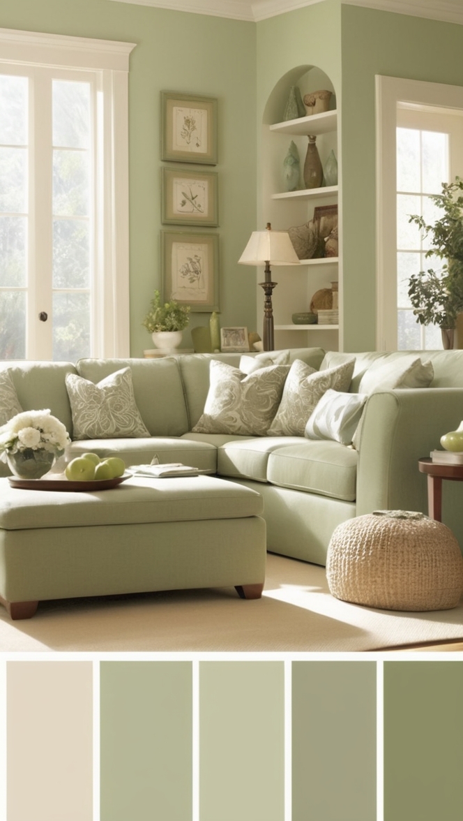 cream colored sofa, sage green walls, living room decor, neutral color palette, interior design ideas