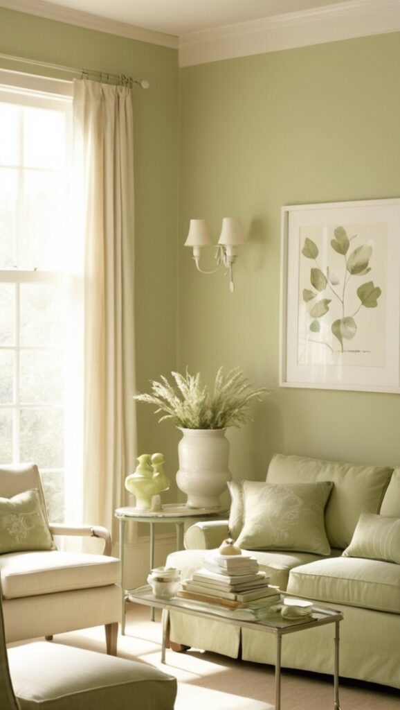 cream colored sofa, sage green walls, living room decor, neutral color palette, interior design ideas
