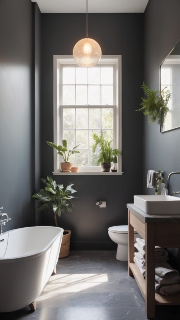 moody bathroom design, gothic bathroom decor, black bathroom makeover, elegant dark bathroom, dramatic bathroom interior