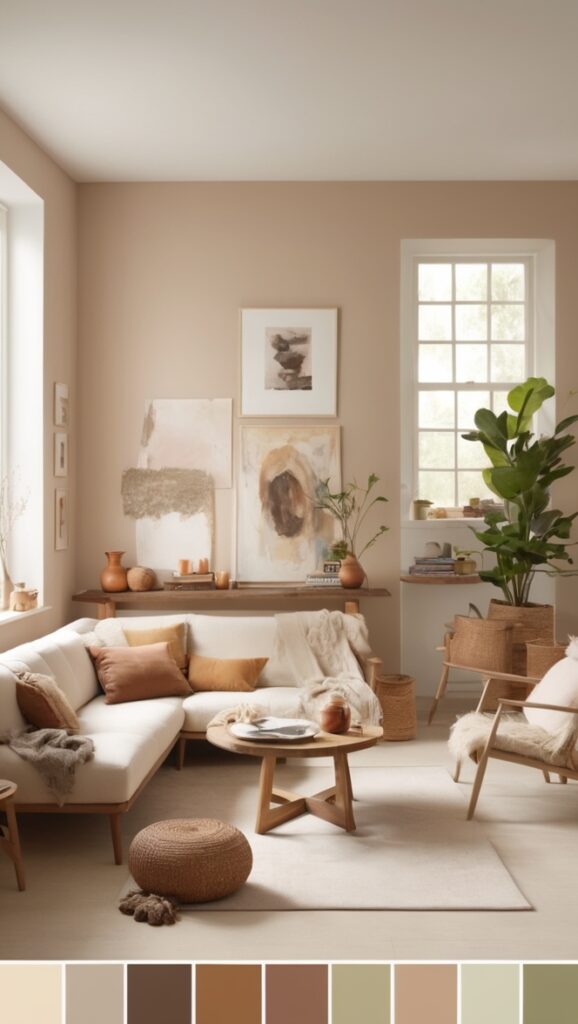 color palette living room, earth tone decor, natural color scheme, neutral home decor, cozy living room design