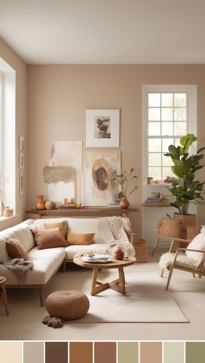 color palette living room, earth tone decor, natural color scheme, neutral home decor, cozy living room design 