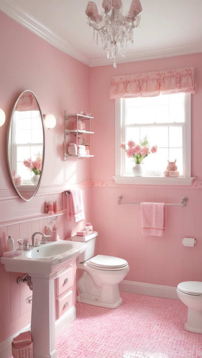 girly bathroom decor, feminine bathroom design, pink bathroom accessories, elegant bathroom vanities, stylish bath mats 