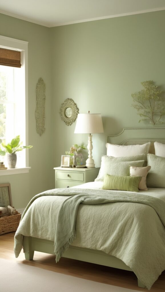 light green bedroom, sage green decor, green bedroom ideas, calming green bedroom, soft green paint