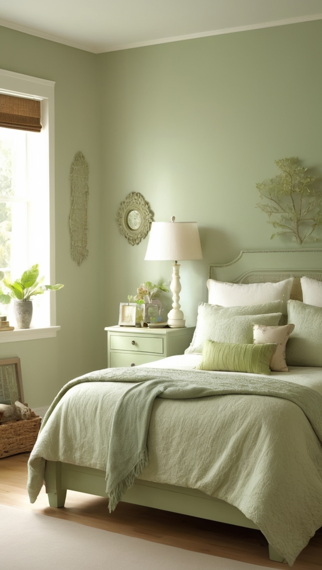 light green bedroom, sage green decor, green bedroom ideas, calming green bedroom, soft green paint 