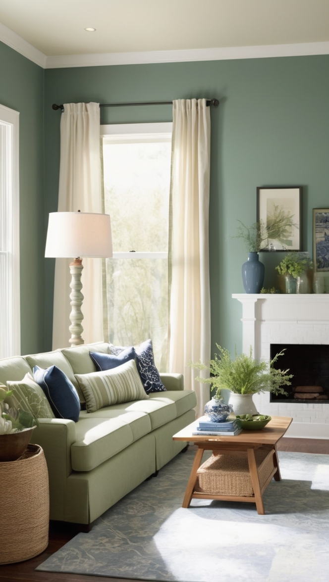 navy blue living room decor, sage green home decor, cozy living room design, elegant living room furniture, modern farmhouse living room