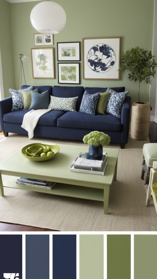 navy blue living room decor, sage green home decor, cozy living room design, elegant living room furniture, modern farmhouse living room