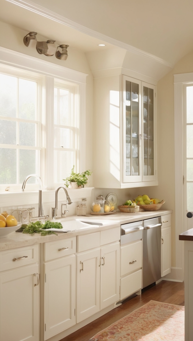 off white kitchen cabinets, off white kitchen countertops, off white kitchen backsplash, off white kitchen island, off white kitchen flooring