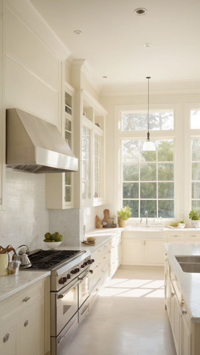 off white kitchen cabinets, off white kitchen countertops, off white kitchen backsplash, off white kitchen island, off white kitchen flooring 