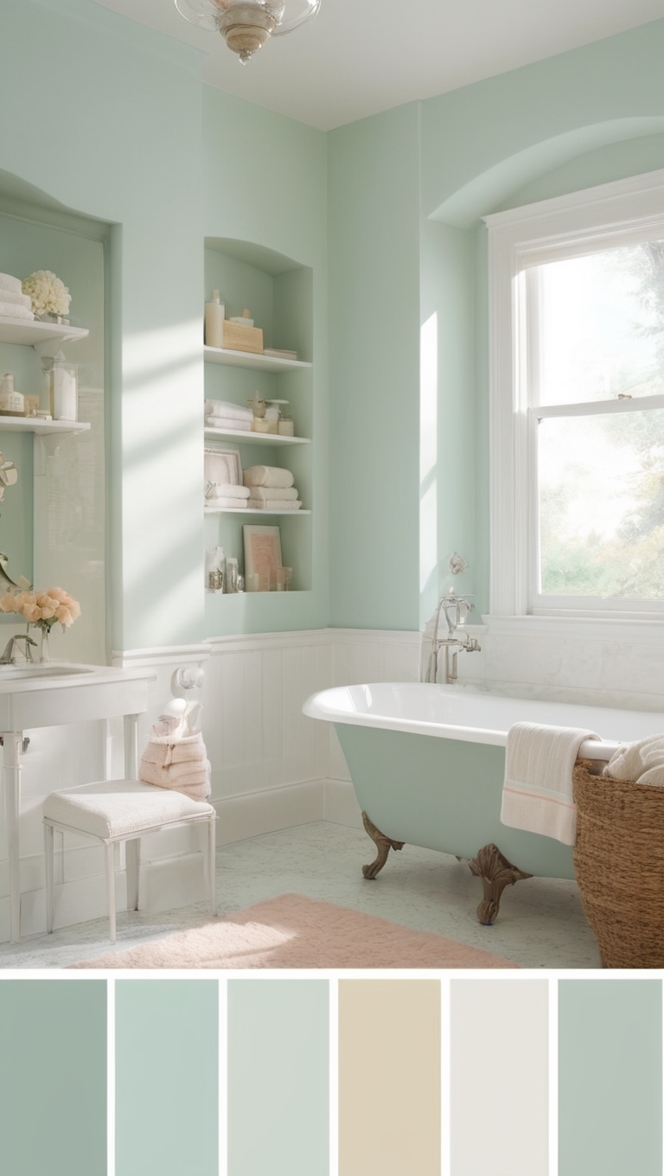 pastel bathroom decor, bathroom renovation tips, modern bathroom design, serene bathroom colors, stylish bathroom accessories