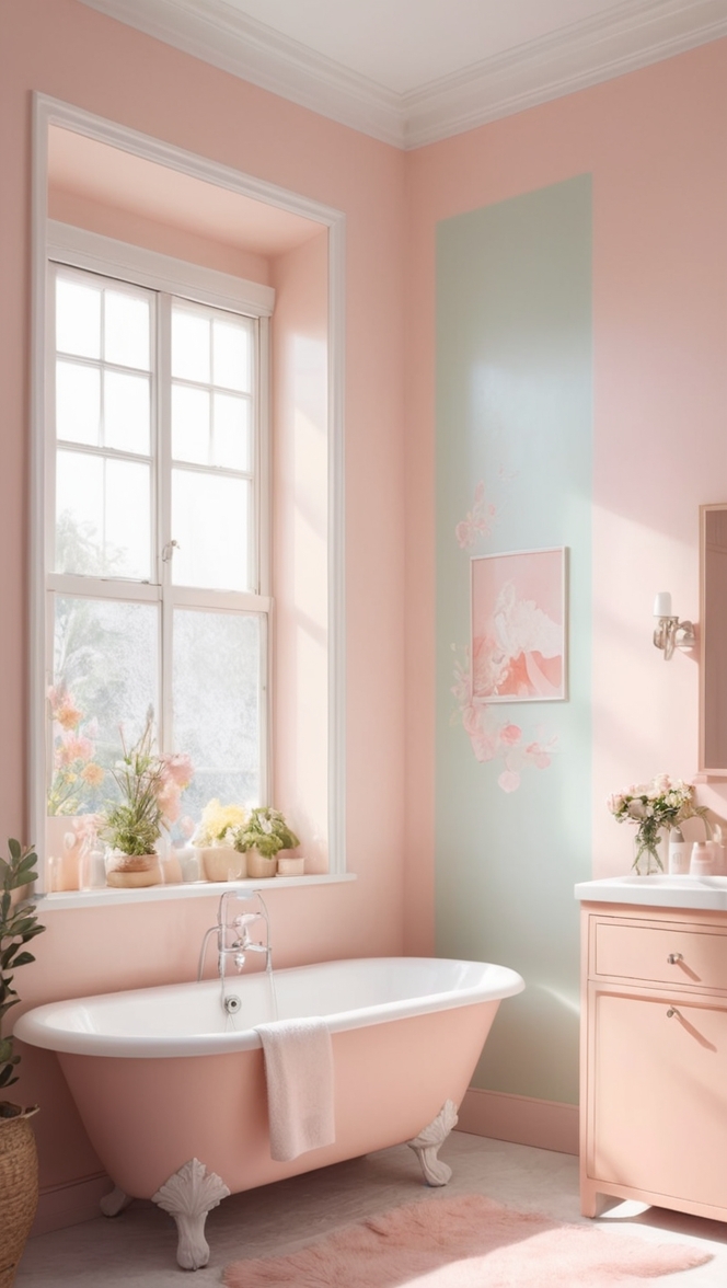 pastel bathroom decor, bathroom renovation tips, modern bathroom design, serene bathroom colors, stylish bathroom accessories 