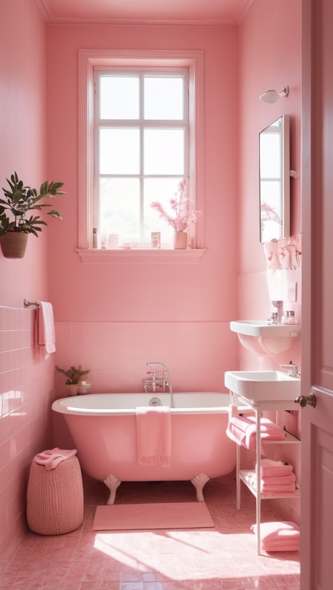 pink bathroom decor, bathroom renovation ideas, vintage bathroom design, pastel bathroom tiles, modern pink bathroom 