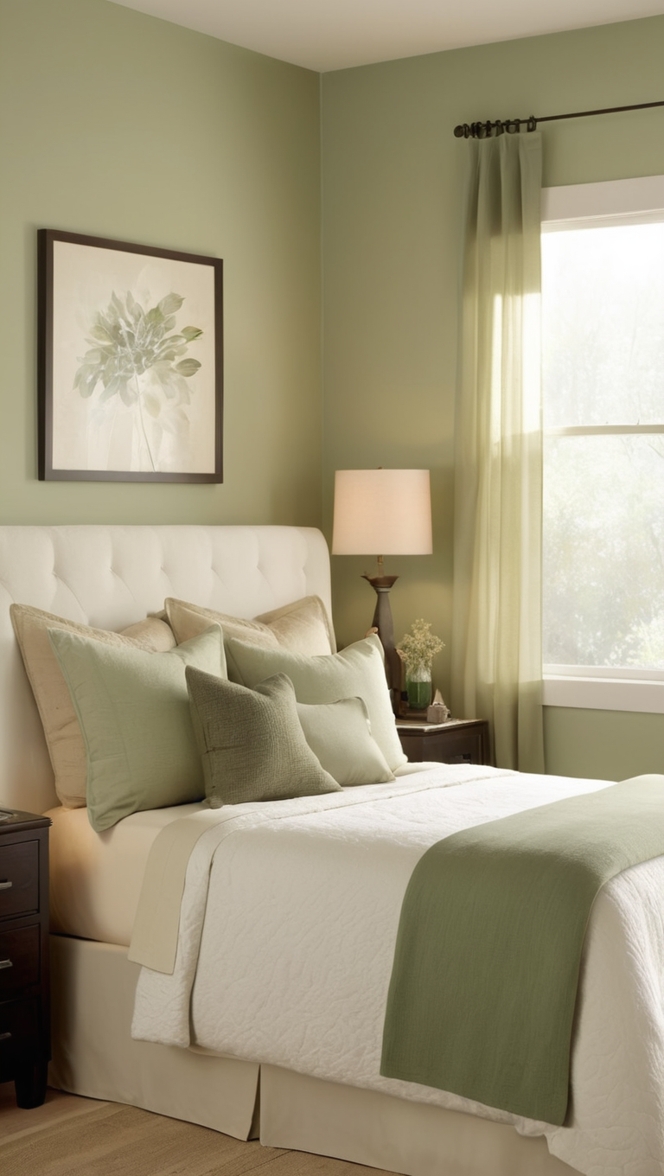 sage green bedding, sage green curtains, beige throw pillows, green bedroom decor, neutral bedroom ideas