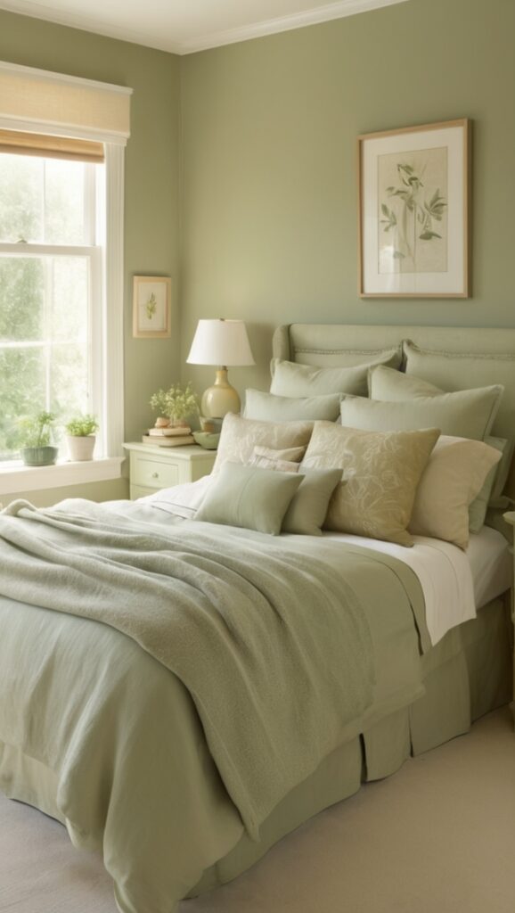 sage green bedding, sage green curtains, beige throw pillows, green bedroom decor, neutral bedroom ideas
