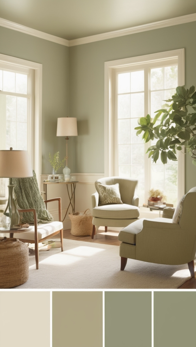 sage green living room decor, beige wall paint, interior design ideas, neutral color palette, home decorating tips